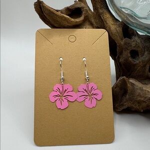 Hibiscus Flower Earrings Pink Metal Hook with Backs